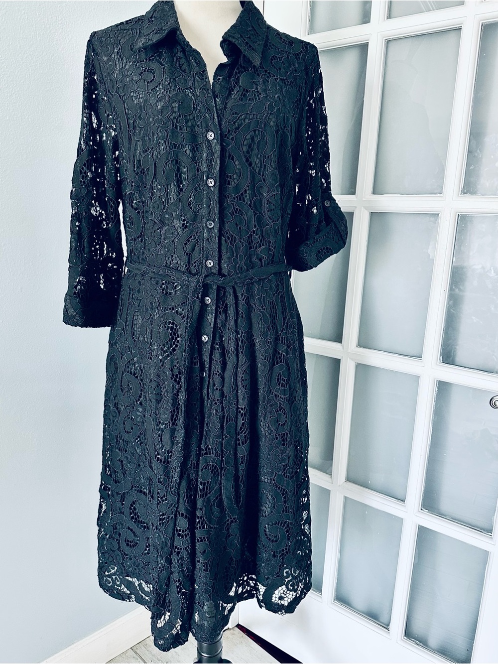 Nanette Lepore Black Lace Midi Shirt Dress with Tie Waist